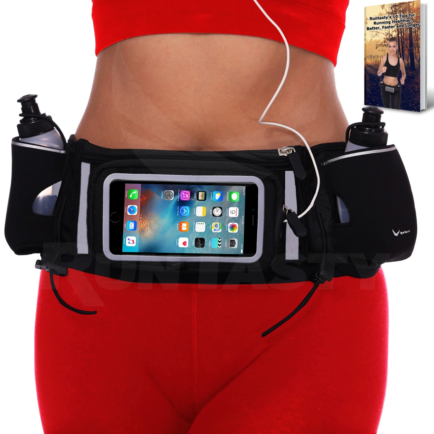 [Voted #1 Hydration Belt] Running Fuel Belt by Runtasty; Includes accessories - 2 BPA Free Water Bottles &amp; Runners Ebook; Fits ANY iPhone; w/Touchscreen cover; "No Bounce" Fit; 100% Guarantee!&nbsp;